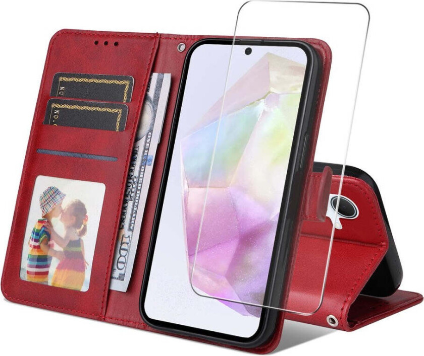 Samsung Galaxy A56 (5G) / A36 (5G) 2-i-1 Kunstskinn Flip Deksel med Skjermbeskyttelsesglass - Rød
