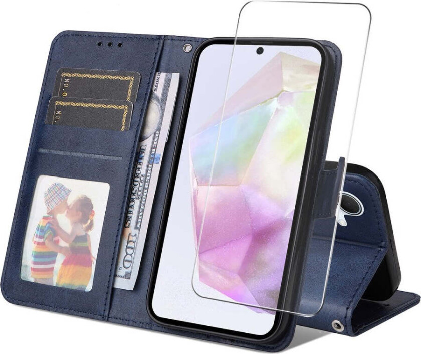 Samsung Galaxy A56 (5G) / A36 (5G) 2-i-1 Kunstskinn Flip Deksel med Skjermbeskyttelsesglass - Blå