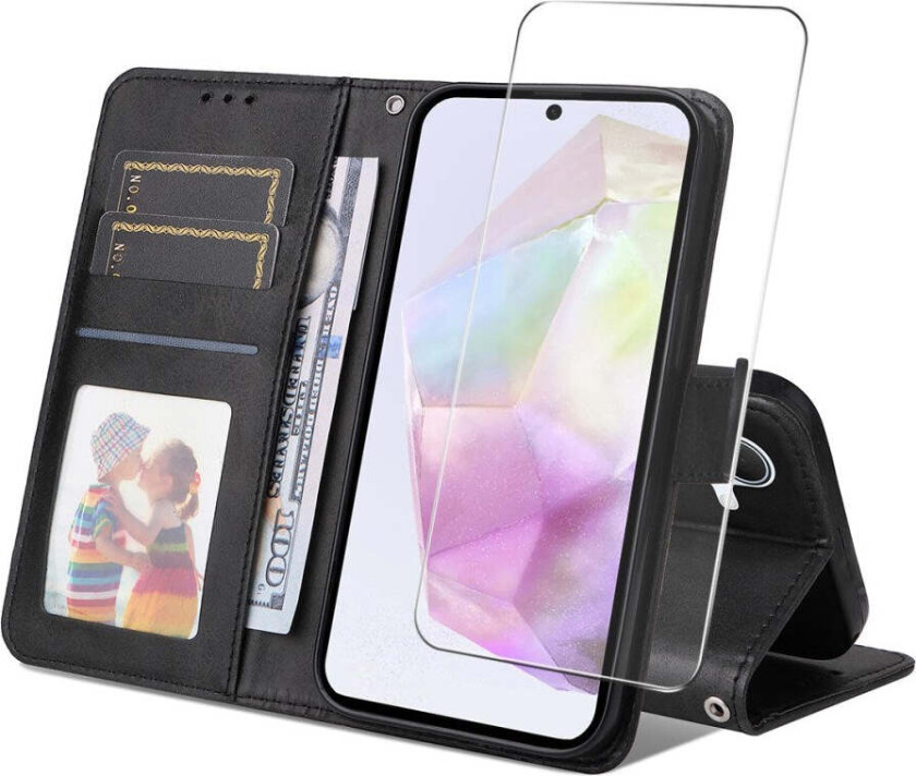 Samsung Galaxy A56 (5G) / A36 (5G) 2-i-1 Kunstskinn Flip Deksel med Skjermbeskyttelsesglass - Svart