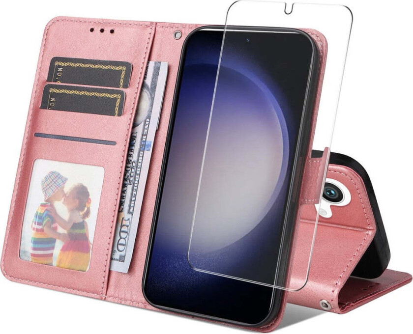 Samsung Galaxy S25+ (Plus) / 24+ (Plus) 2-i-1 Kunstskinn Flip Deksel med Skjermbeskyttelsesglass - Rosa