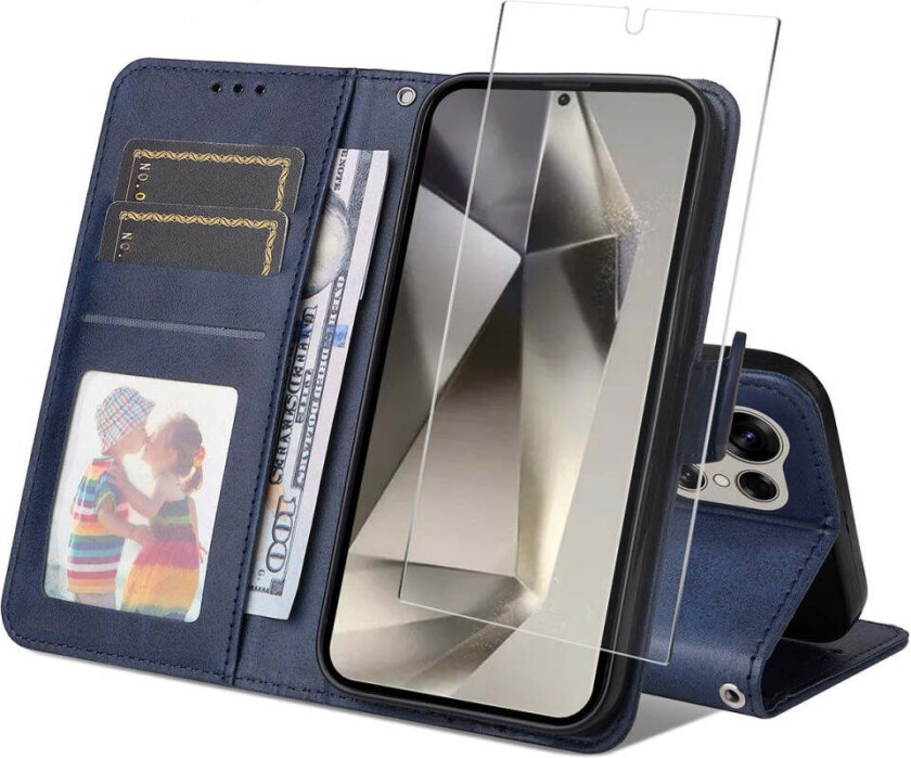 Samsung Galaxy S25 Ultra 2-i-1 Kunstskinn Flip Deksel med Skjermbeskyttelsesglass - Blå