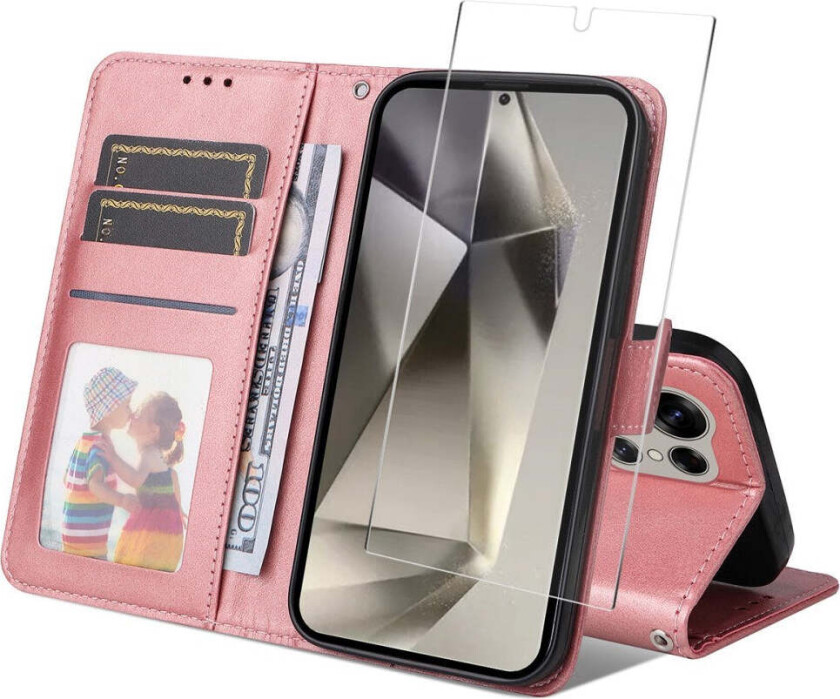 Samsung Galaxy S25 Ultra 2-i-1 Kunstskinn Flip Deksel med Skjermbeskyttelsesglass - Rosa