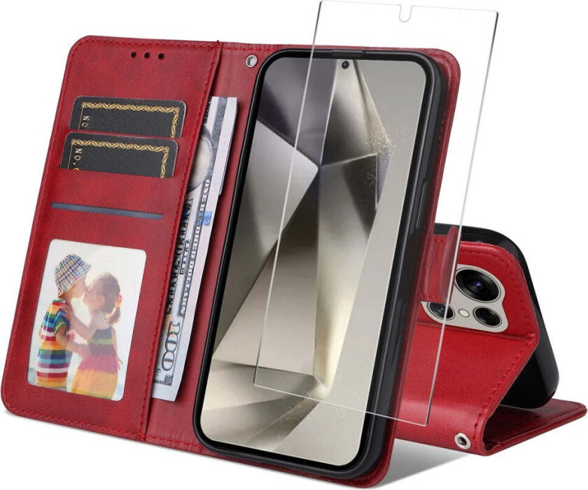 Samsung Galaxy S25 Ultra 2-i-1 Kunstskinn Flip Deksel med Skjermbeskyttelsesglass - Rød