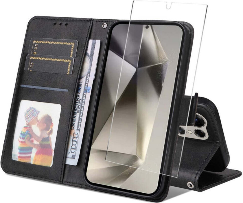 Samsung Galaxy S25 Ultra 2-i-1 Kunstskinn Flip Deksel med Skjermbeskyttelsesglass - Svart