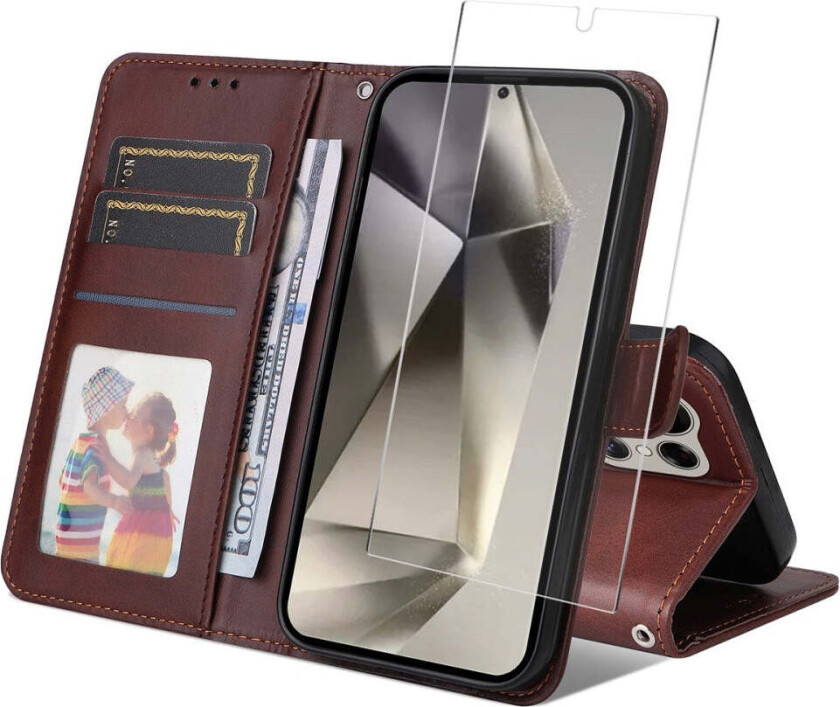 Samsung Galaxy S25 Ultra 2-i-1 Kunstskinn Flip Deksel med Skjermbeskyttelsesglass - Brun