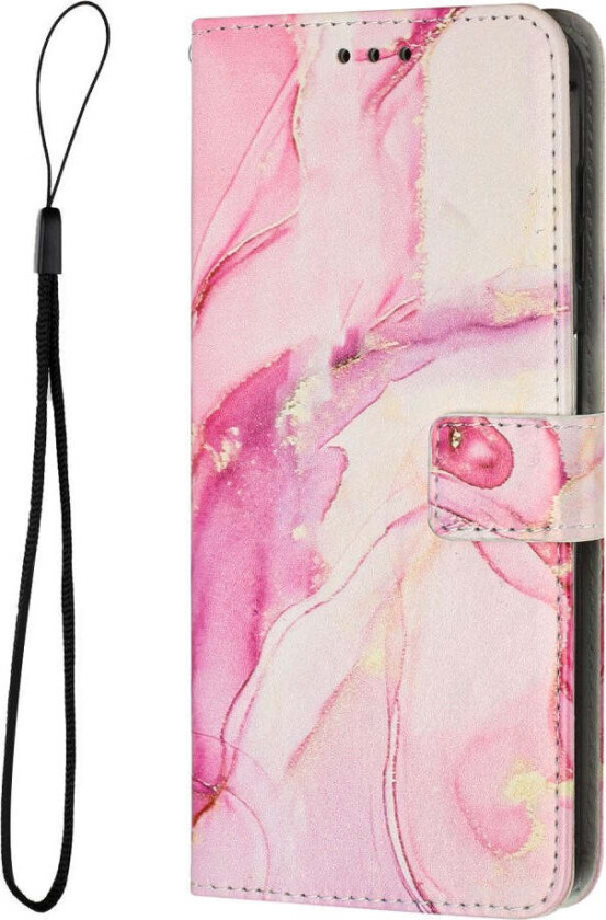 iPhone 16 Pro Max Kunstskinn Flip Deksel med Lommebok og Stropp - Marmordesign - Rosa