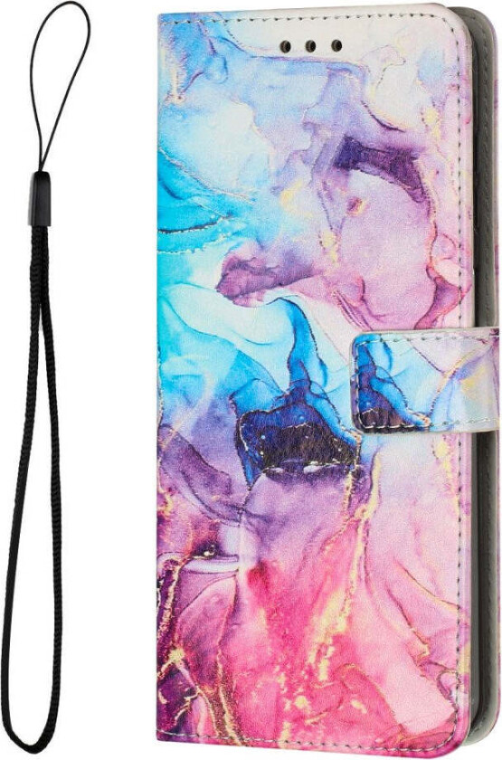 iPhone 16e Kunstskinn Flip Deksel med Lommebok og Stropp - Marmordesign - Rosa / Lilla