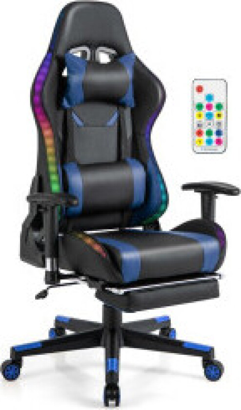 Spillestol med RGB LED-lys og uttrekkbar fotstøtte Ergonomisk kontorstol blå