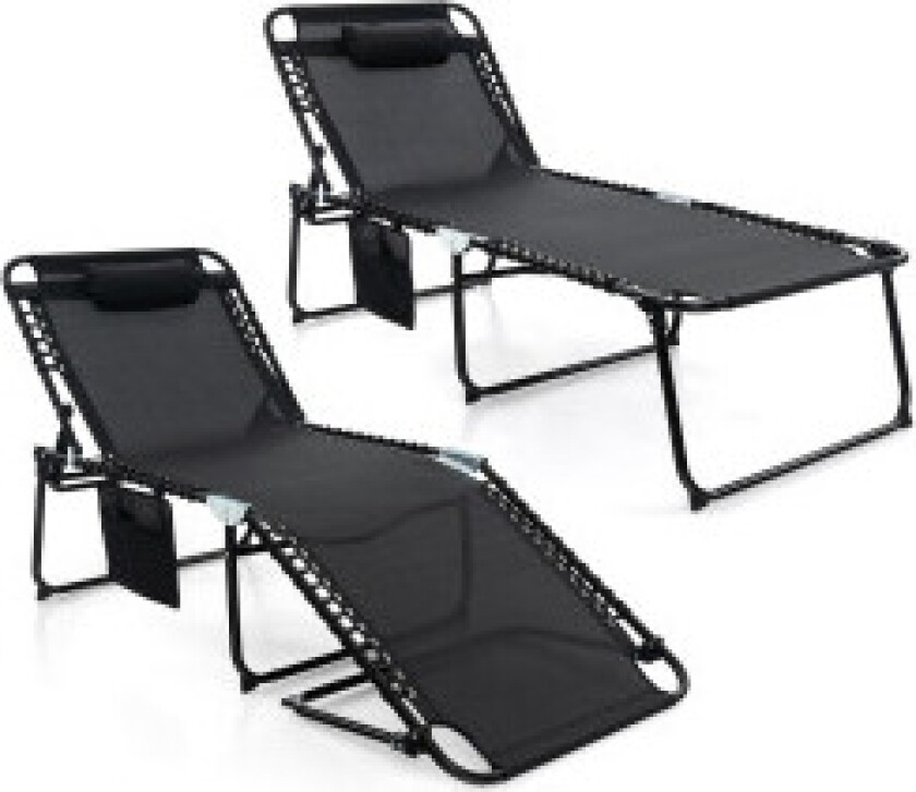 Sammenleggbar solseng med nakkestøtte & Sidelomme & Justerbar ryggstøtte hagestol svart