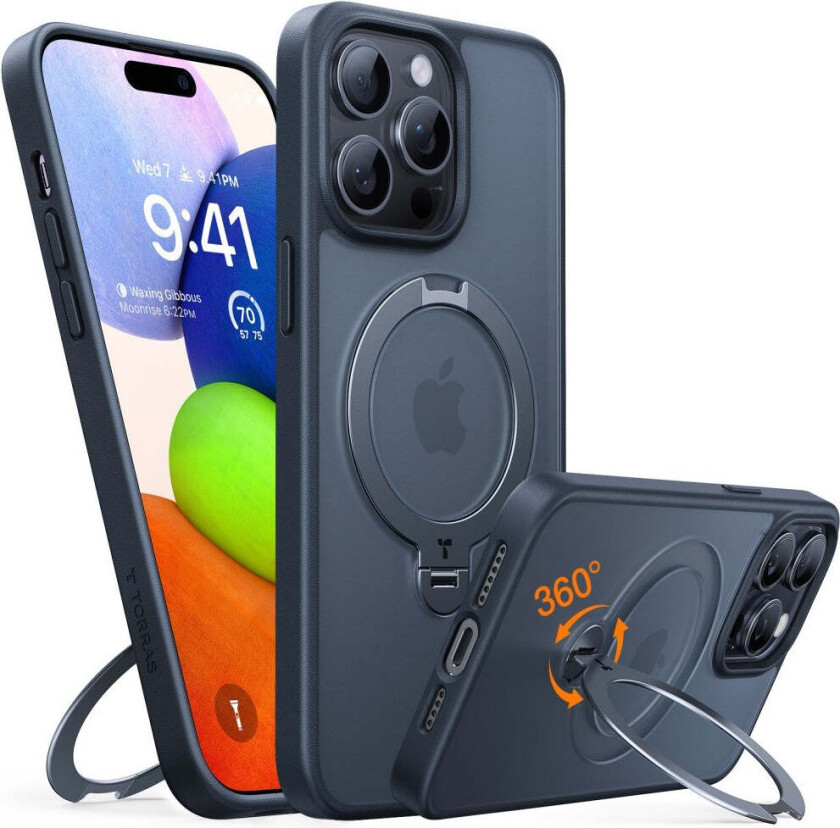 TORRAS iPhone 15 Pro Hybrid Plast Deksel m. Ståfunksjon - MagSafe Kompatibel - Svart