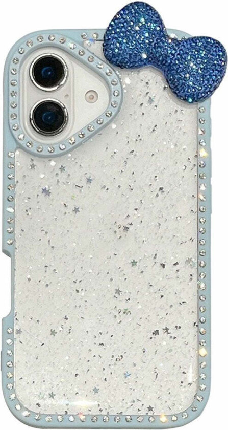 iPhone 16 Hybrid Deksel med 3D Sløyfe og Rhinestones - Gjennomsiktig / Blå