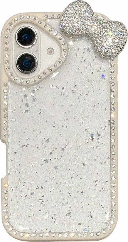 iPhone 16 Hybrid Deksel med 3D Sløyfe og Rhinestones - Gjennomsiktig / Hvit