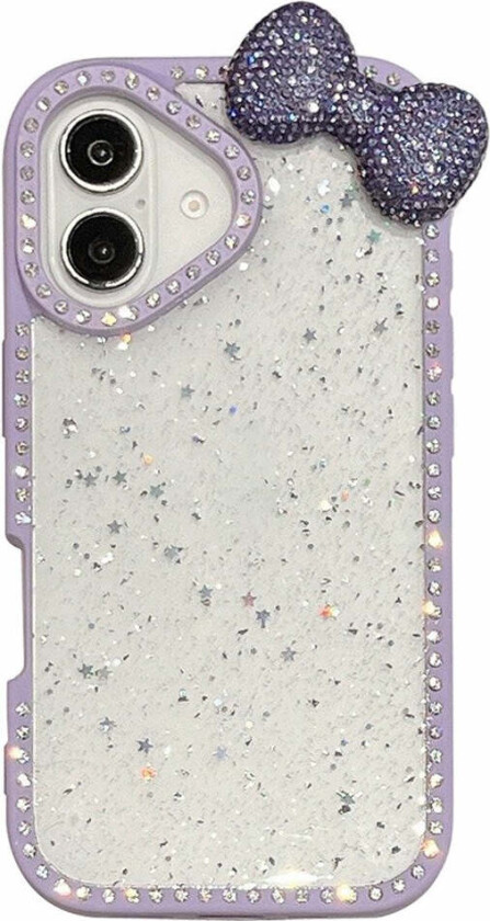 iPhone 16 Hybrid Deksel med 3D Sløyfe og Rhinestones - Gjennomsiktig / Lilla