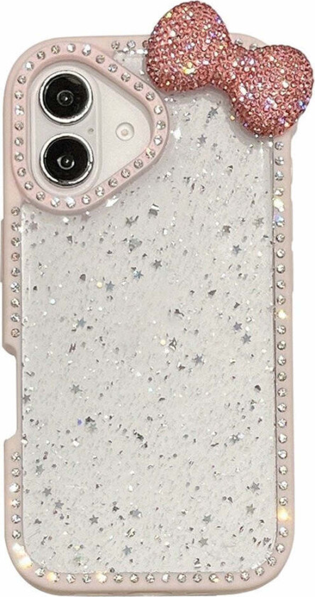 iPhone 16 Hybrid Deksel med 3D Sløyfe og Rhinestones - Gjennomsiktig / Rosa