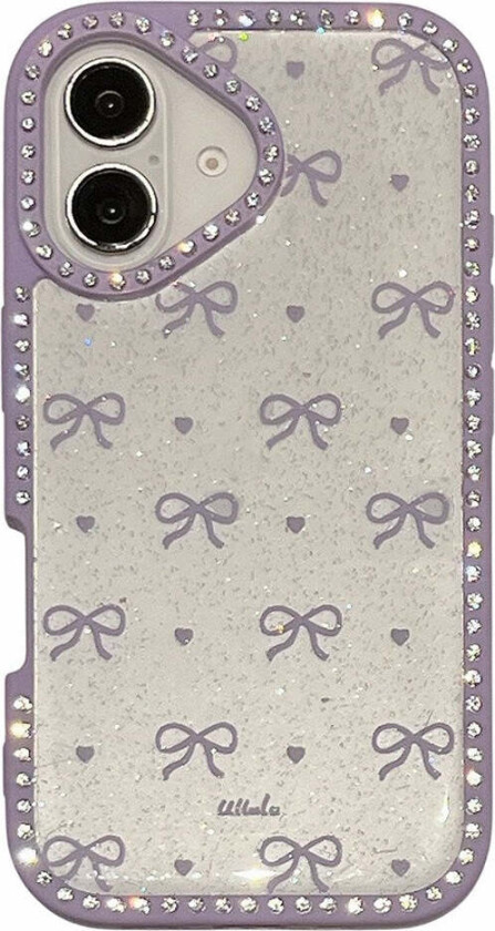 iPhone 16 Hybrid Deksel med Sløyfer og Rhinestones - Gjennomsiktig / Lilla
