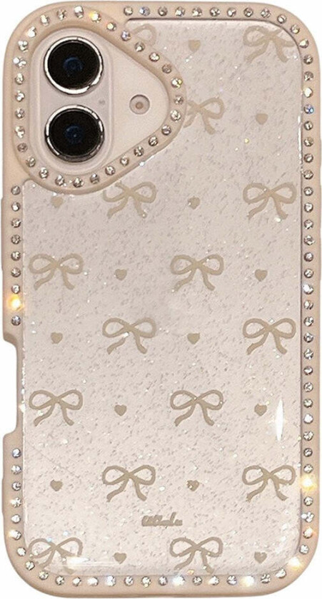 iPhone 16 Hybrid Deksel med Sløyfer og Rhinestones - Gjennomsiktig / Hvit
