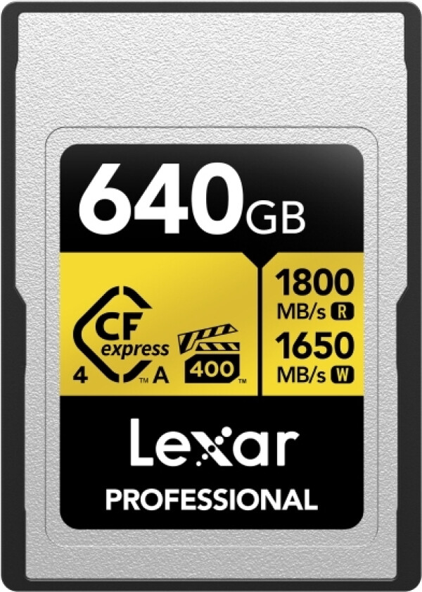 Lexar Lcagold640g-Rneng, 640 Gb, Cfexpress Type A, 1800 Mb/S, 1650 Mb/S, Fallsikker, Støvtett, Sjokkresistent, Temperatursikker, Vibrasjon Sikker, Va