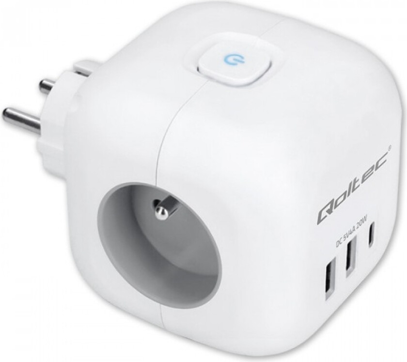 Power Cube 6-I-1 Skjøteledning Med Opplyst Bryter | 3X Ac | 2Xusb | 1X Usb-C Pd 20W | Hvit