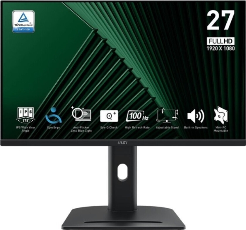 Msi Pro Mp275 27 Tommer Full Hd Office Monitor - 1920 X 1080 Ips-Panel, 100 Hz, Øyevennlig Skjerm, Integrerte Høyttalere, Justerbar Tilt - Hdmi 1.4B