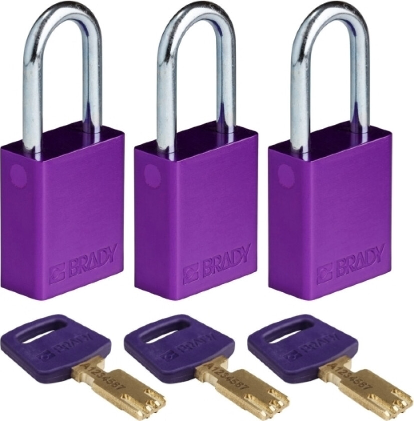 Safekey Aluminium Hengelås Med Stålsjakkel, Lilla, 38 Mm Sjakkelhøyde, 6,4 Mm Sjakkeldiameter (Keyed Alike) (Pakke Med 3) (150348)