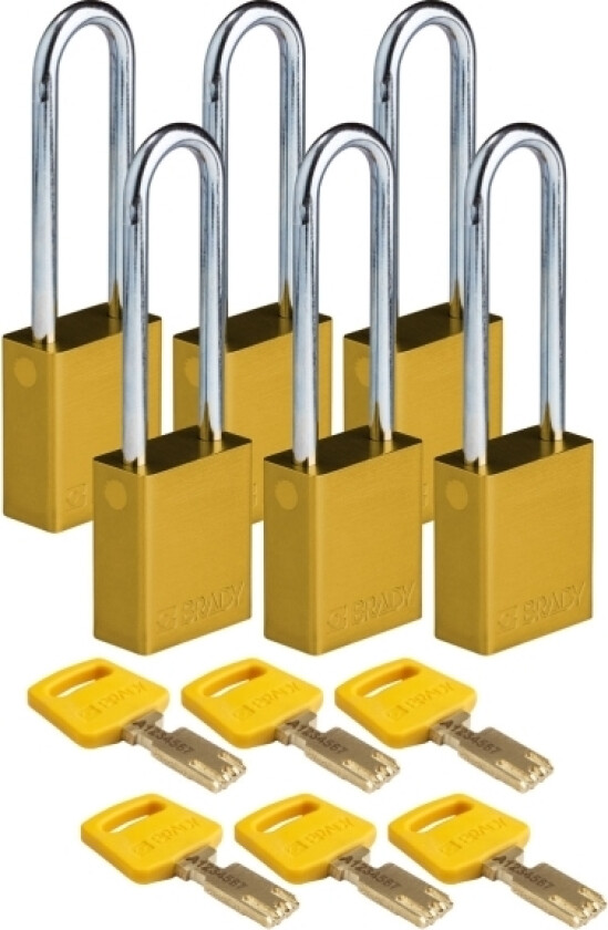 Safekey Aluminium Hengelås Med Stålsjakkel, Gul, 76 Mm Sjakkelhøyde, 6,4 Mm Sjakkeldiameter (Forskjellig Nøkkel) (Pakke Med 6) (150345)