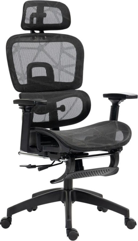 Kontorstol ergonomisk skrivebordsstol med armlener, hodestøtte, korsryggstøtte, høydejusterbar mesh svingstol med vippefunksjon, liggefunksjon, fotstø