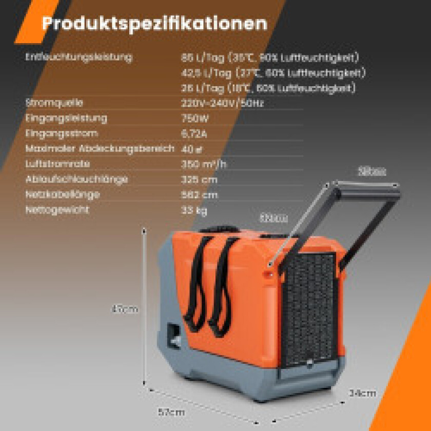 85 L/dag avfukter konstruksjonstørker med pumpe og avløpsslange industriell tørkeenhet med 24H timer oransje + grå