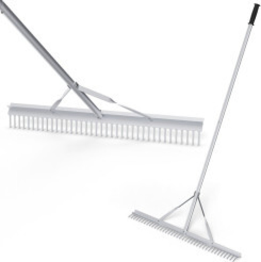 Rive hagerive laget av aluminium med 91 cm bredt rivehode 91 x 10 x 174 cm sølv