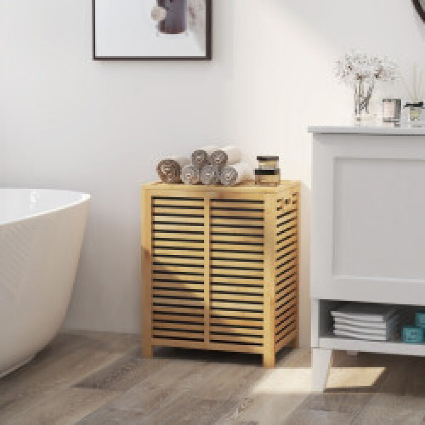 80L skittentøyskurv med lokk og avtakbar vaskbar vaskepose Bambusvaskekurv