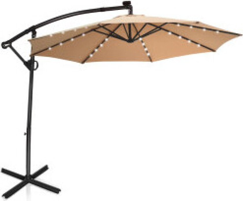 Parasoll med LED-solarbelysning, roterbar utkragende parasoll for hage, Ø 300 cm, beige