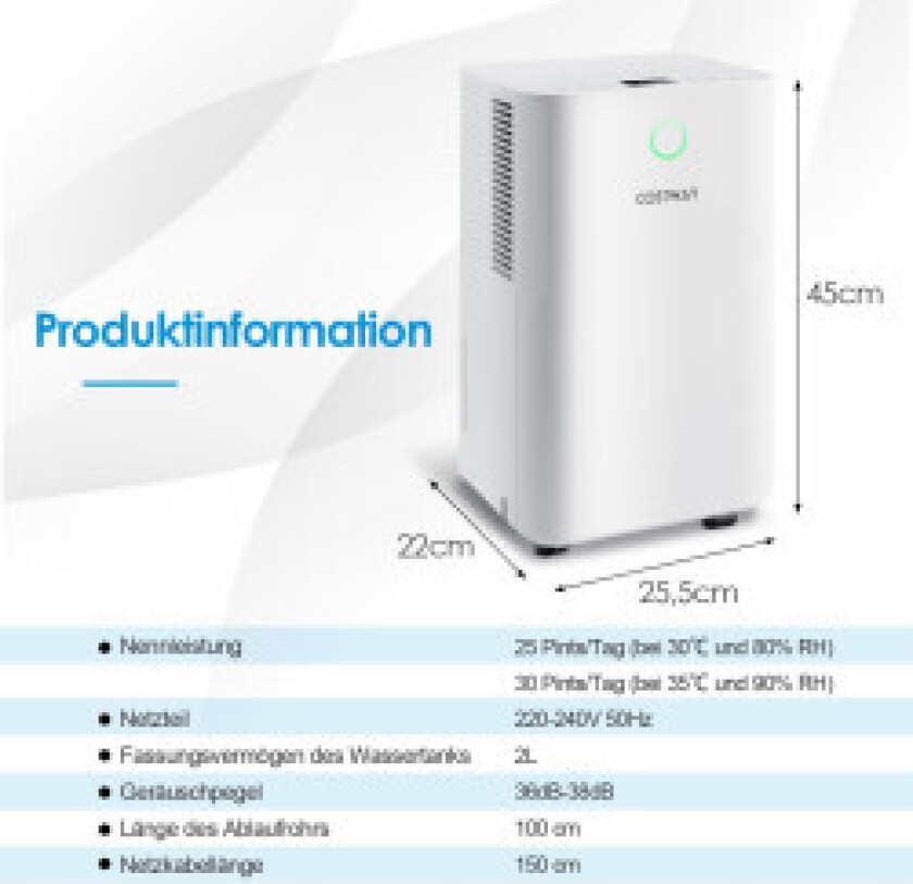 15㎡ Avfukter 15L Avfukter med 3 Modus Mobil Avfukter 25,5 x 22 x 45 cm Hvit