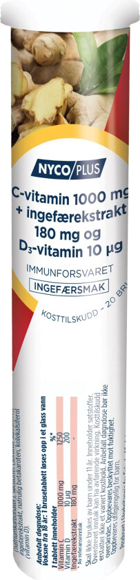 C-vitamin 1000 mg + ingefærekstrakt og D3-vitamin, Ingefær, 20 brusetabletter