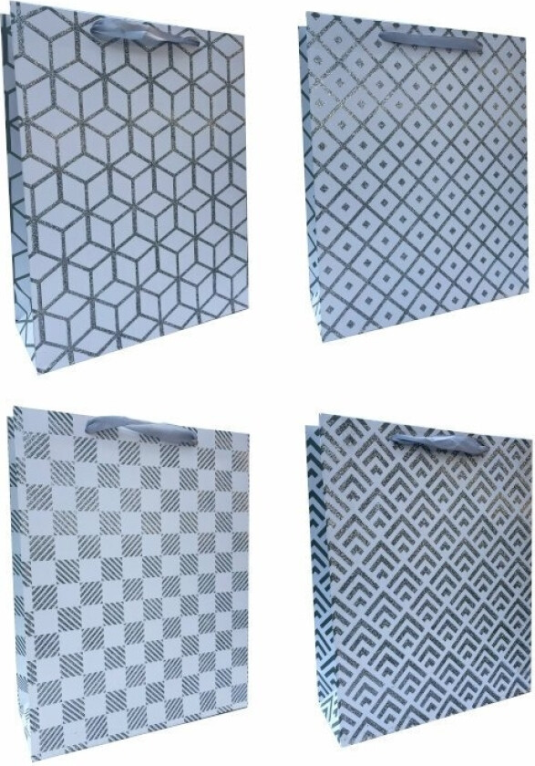 Ju-Piter Hvit Gavepose Med Sølvmønster 1008C 18X23x10cm P12, Pris For 1 Stk.