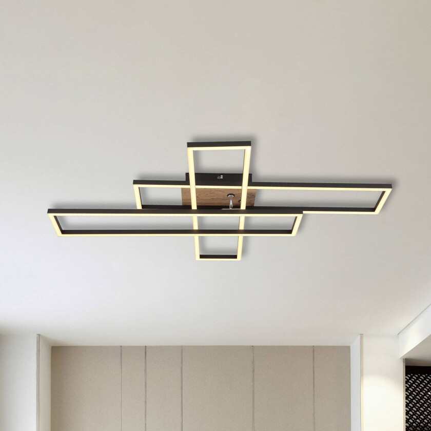 LED-taklampe Dakari, lengde 80 cm, svart/tre, 3 lyskilder.