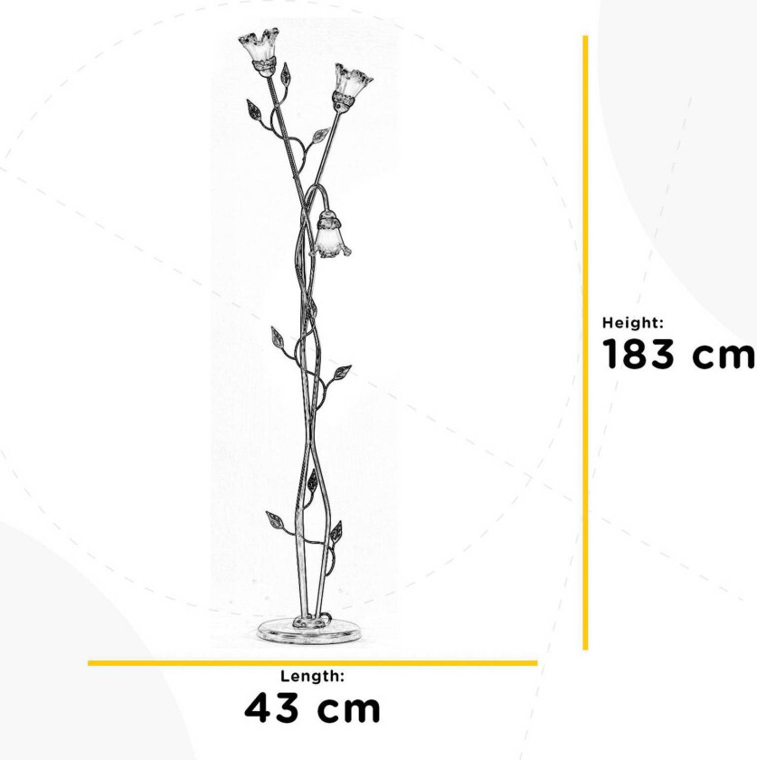 Lancia gulvlampe, elfenbensfarget, 3 lyskilder, jern, glass