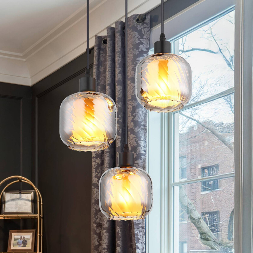 Hengelampe Xia, Ø 35 cm, røykgrå, 3 lyskilder, glass