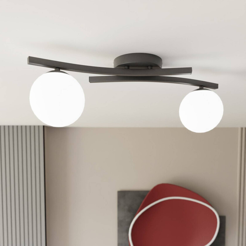 OPUS taklampe, lengde 60 cm, opal/svart, glass, 2 lyskilder.