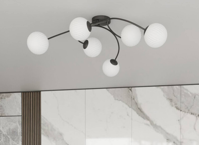 Taklampe Vibra, opal/svart, lengde 97 cm, glass, 6 lyskilder.