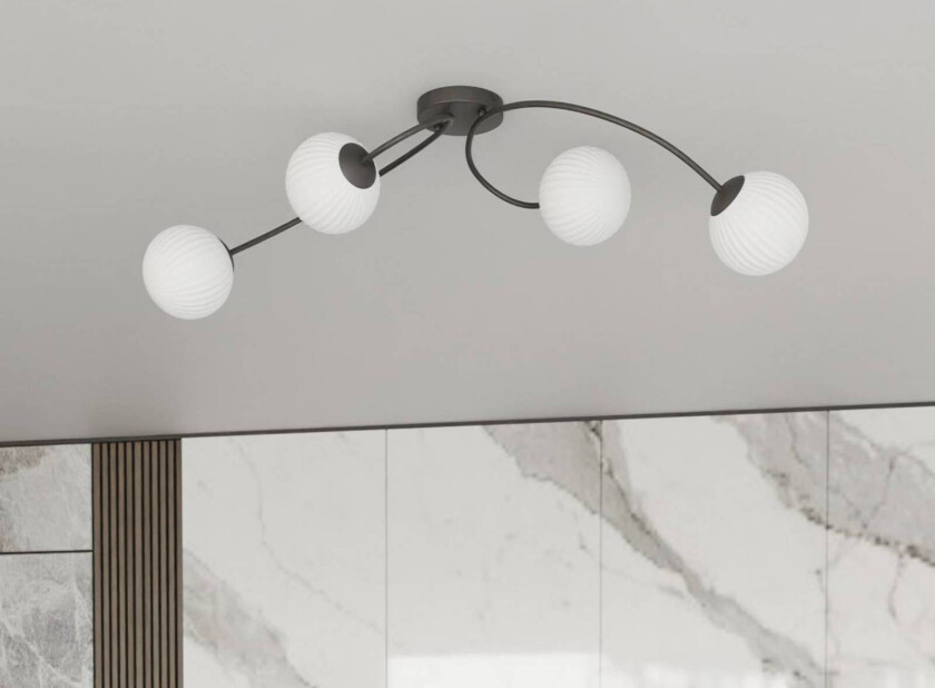 Taklampe Vibra, opal/svart, lengde 110 cm, glass, 4 lyskilder.