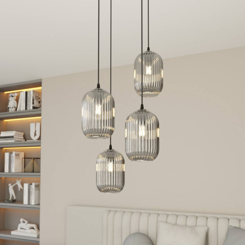 Verdi pendellampe, Ø 30 cm, svart/røykgrå, glass, 4 lyskilder.