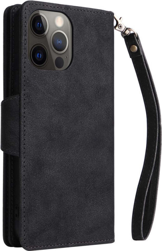 iPhone 12 Pro Max Flip Deksel med Kortholder & Glidelåslomme - Svart
