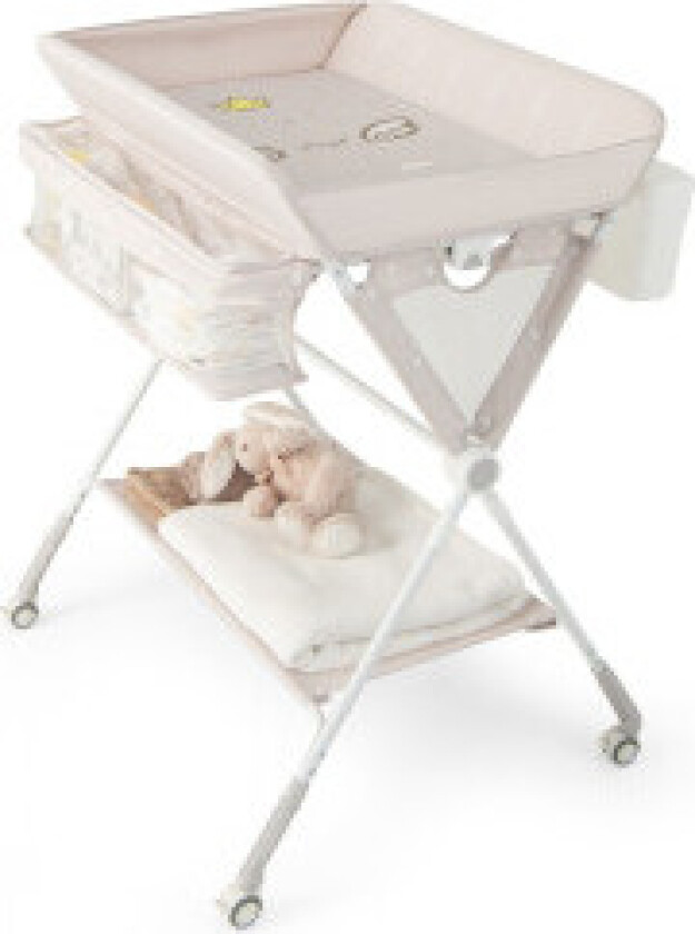 3 i 1 sammenleggbart stellebord med hjul og amp Søppelbøtte Mobil Stellebord Stellestasjon Beige