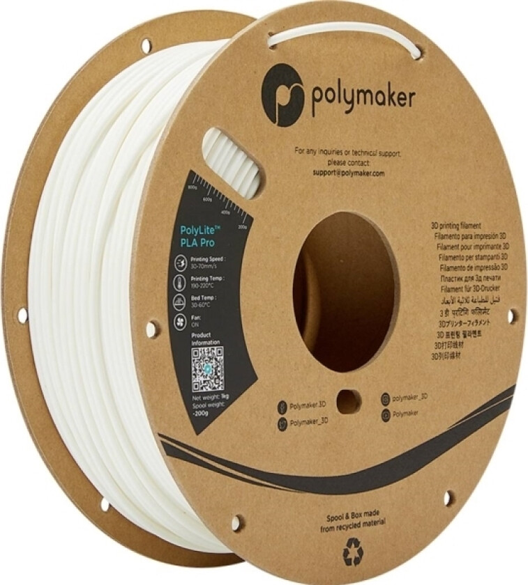 Polymaker Pa07014 Filament Pla Pro Høj Grad Af Stivhed, Slagfast 2.85 Mm 1000 G Hvid Polylite™ 1 Stk