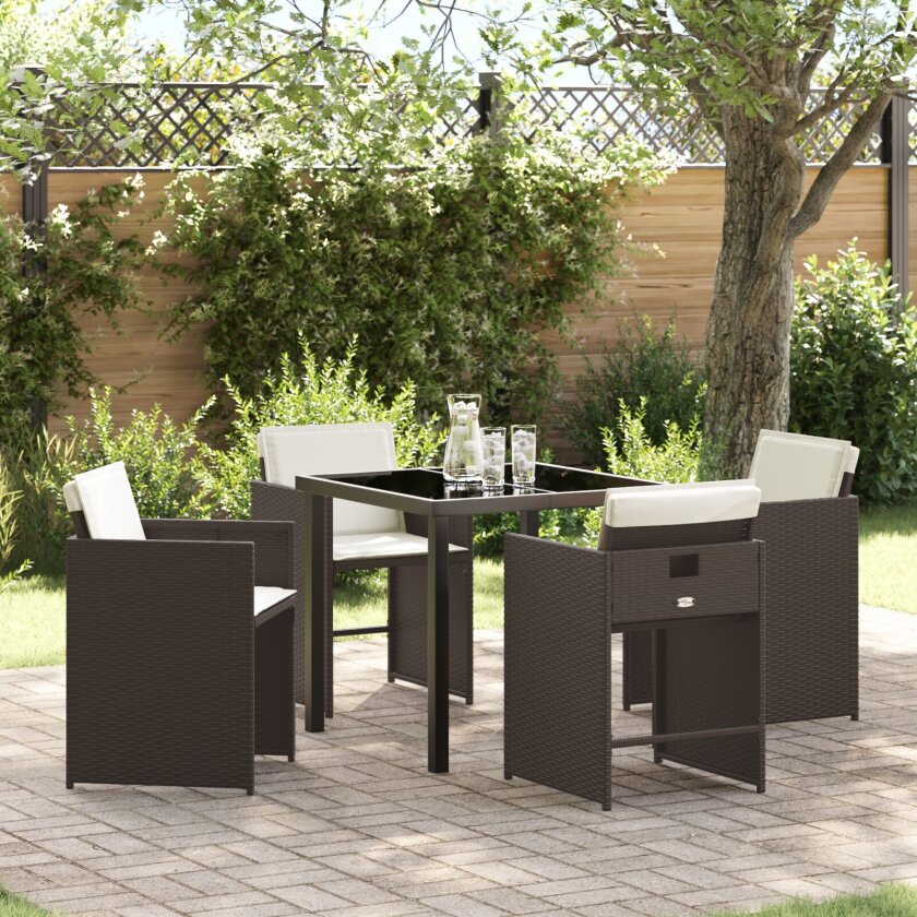 5 Delt Hage Spisebord Set med Puter Brun Poly Rattan