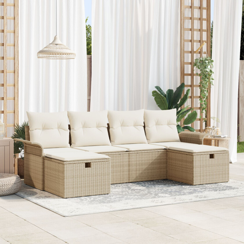 6-delt hagesofa sett med puter beige poly rotting