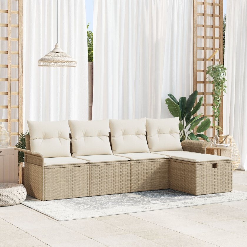 5 Delers Hagesofa Set med Puter Beige Poly Rattan