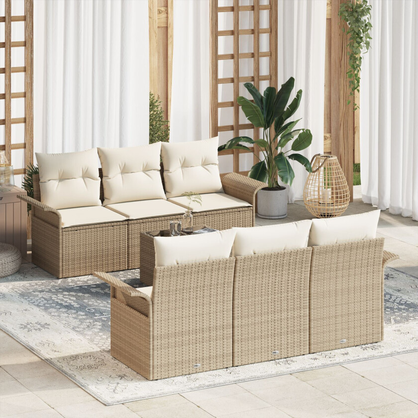 7-delt hagesofa-sett med puter Beige Poly Rattan