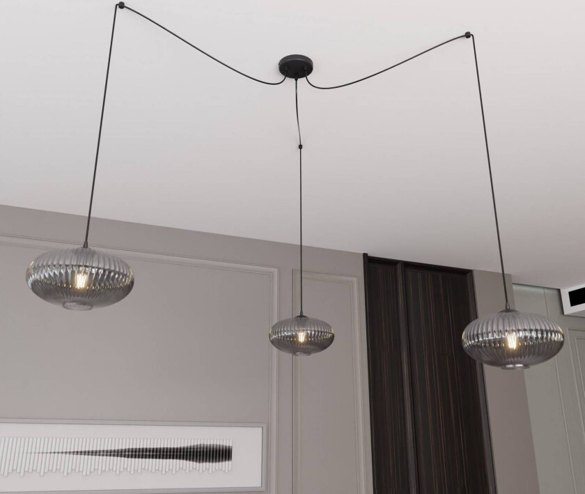 Hengelampe Origo, røykfarget, desentralisert, glass, 3 lyskilder.