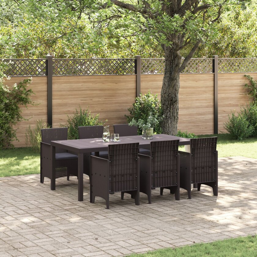7 Delers Hage Spisegruppe med Puter Brun Poly Rattan