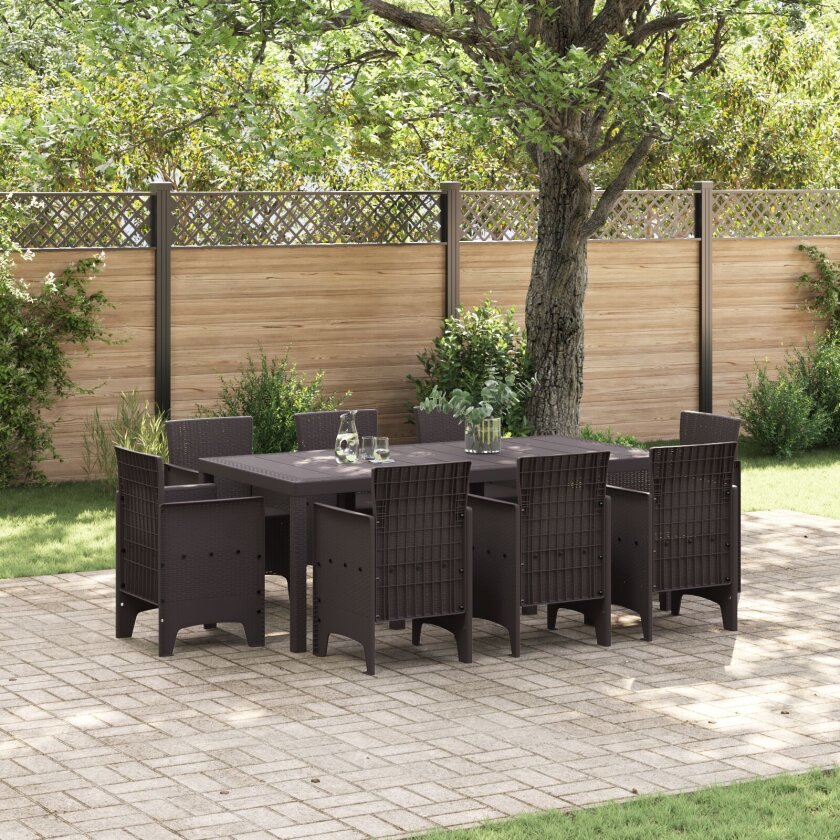 9 Delt Hage Spisebord Set Brun Poly Rattan